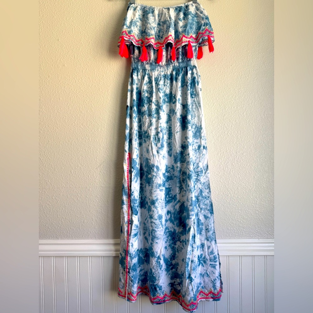 Skemo Strapless Maxi Dress Embroidered Tie Dye Tassels Boho Festival Hippie Sz:S